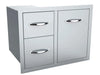 Angled view of Sunstone A-LPCDD30 stainless double drawers with right access panel, closed in cabinet frame.