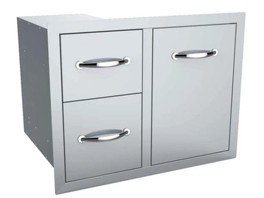 Angled view of Sunstone A-LPCDD30 stainless double drawers with right access panel, closed in cabinet frame.