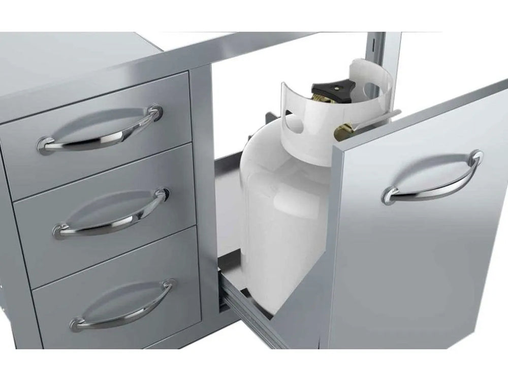 Sunstone A-LPCTD30 pull-out tank tray extended with propane tank beside triple drawers; tank not included.