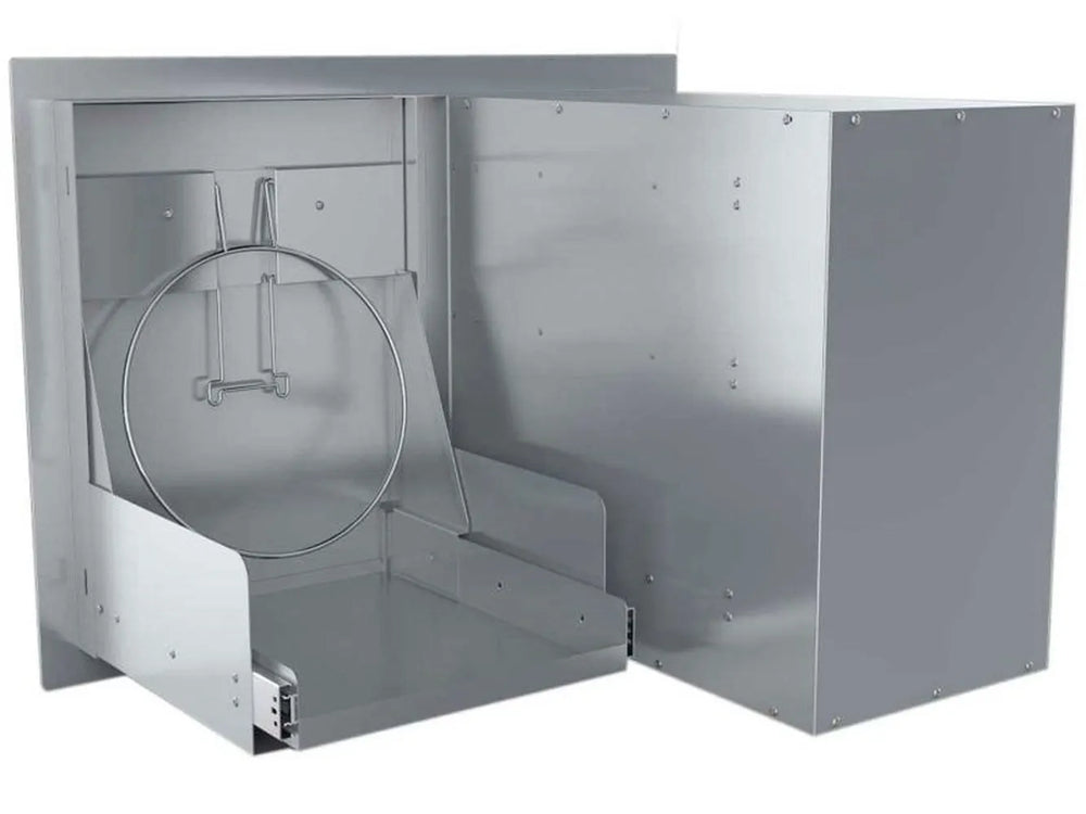Rear interior view of Sunstone A-LPCTD30 showing pull-out tray base, circular tank ring holder, and cabinet frame.