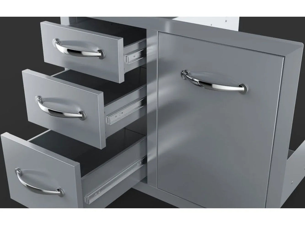 Sunstone A-LPCTD30 triple drawers pulled open next to access panel, showing smooth slide rails and stainless storage space.