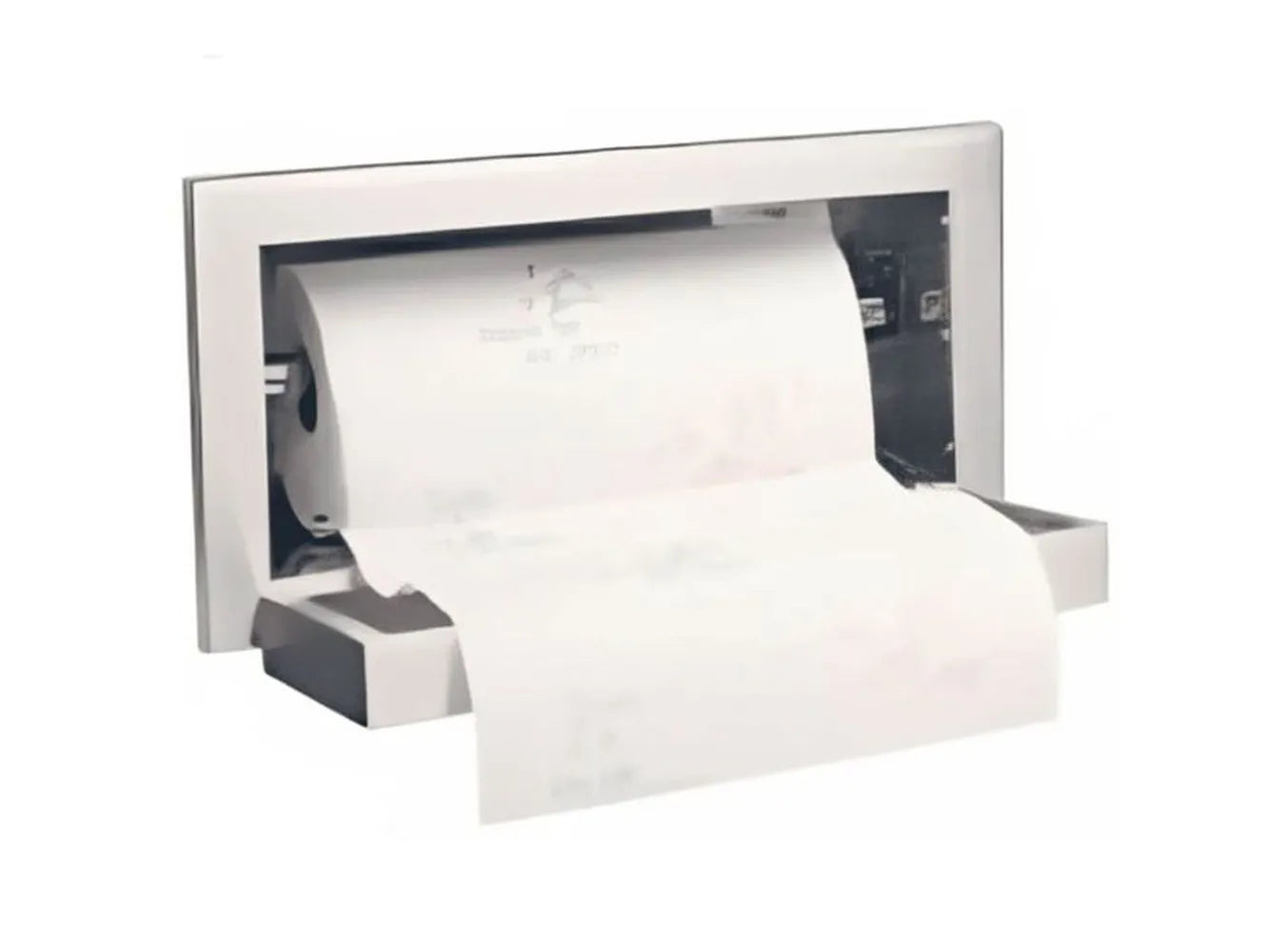 Sunstone A-TH flush-mount stainless steel paper towel holder with roll installed and towel sheet pulled out.