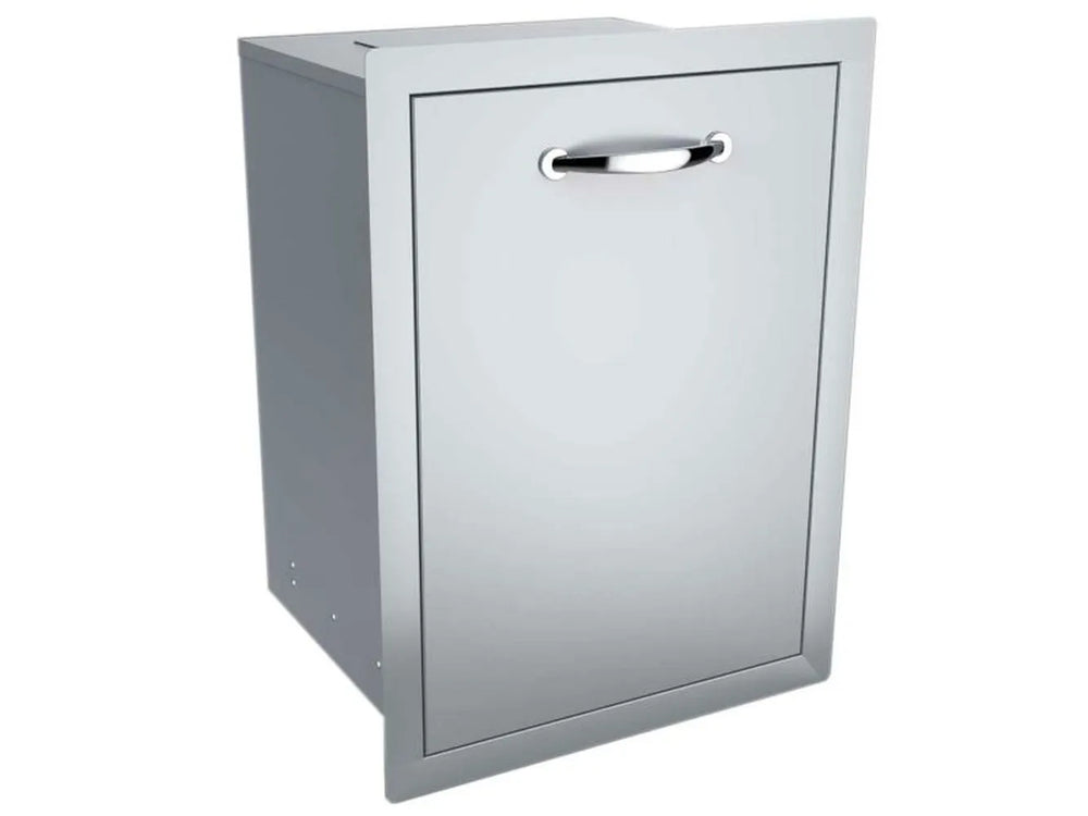 Angled view of Sunstone A-TRHD 20-inch stainless pull-out trash drawer cabinet, closed with chrome handle.