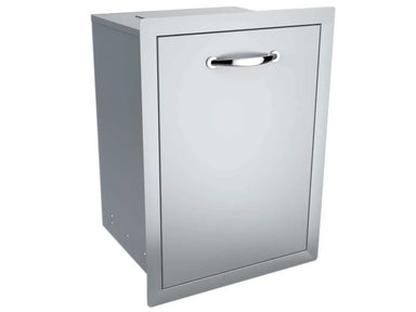 Angled view of Sunstone A-TRHD 20-inch stainless pull-out trash drawer cabinet, closed with chrome handle.