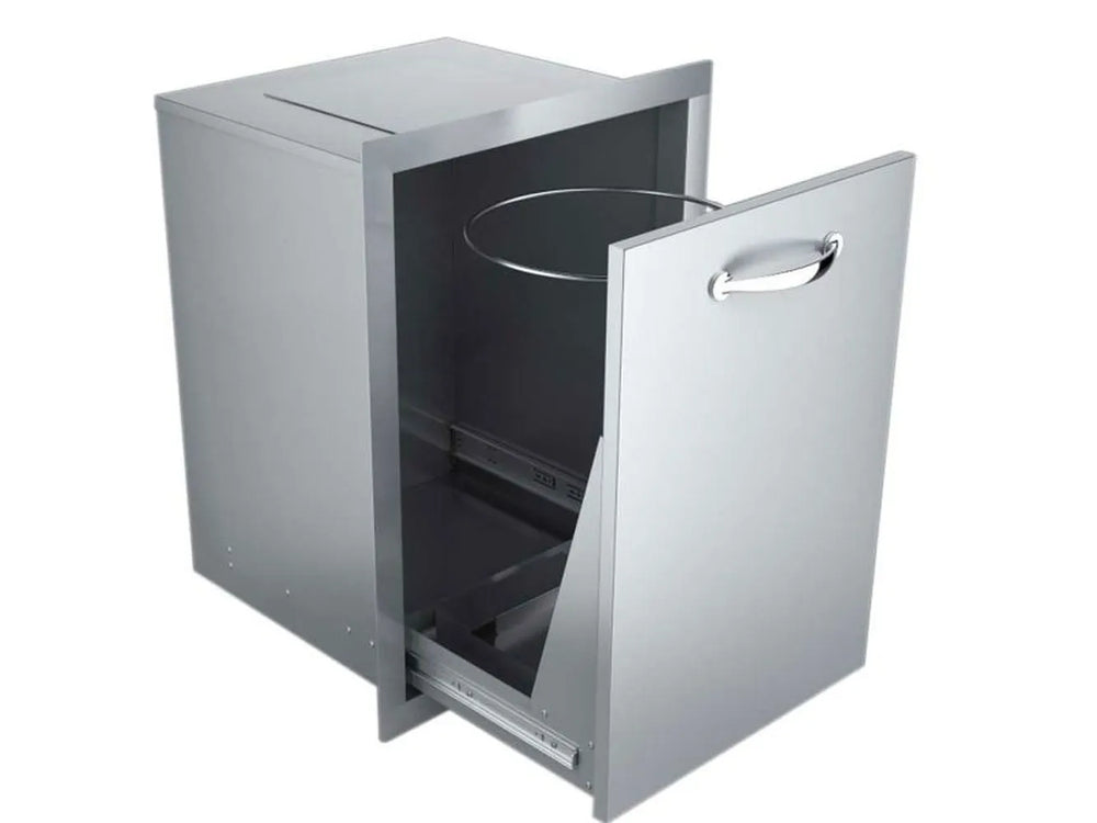Sunstone A-TRHD 20-inch soft-close pull-out trash drawer opened, showing slide rails and interior frame.