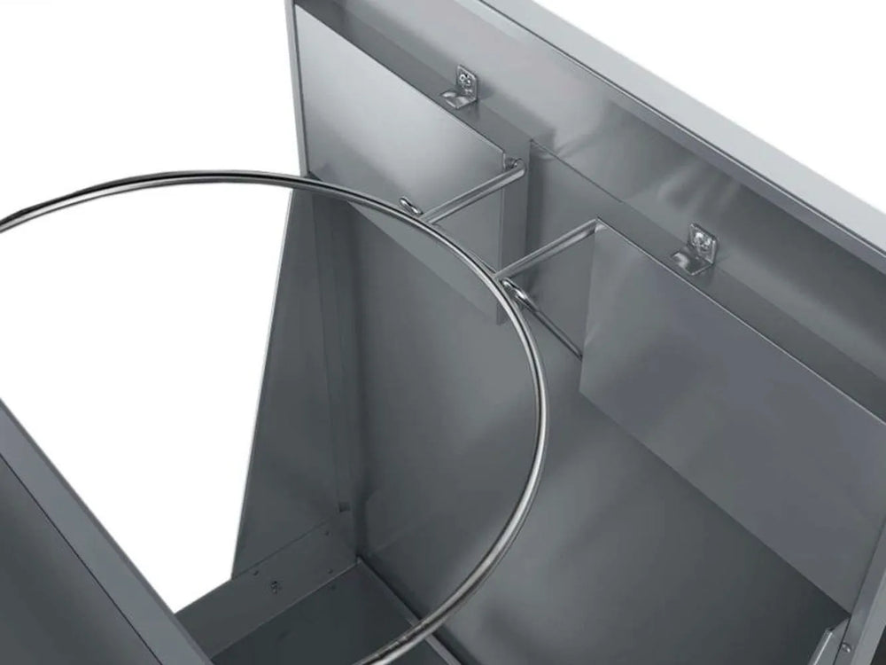 Close-up of Sunstone trash drawer interior, showing metal bag ring holder and mounting brackets.