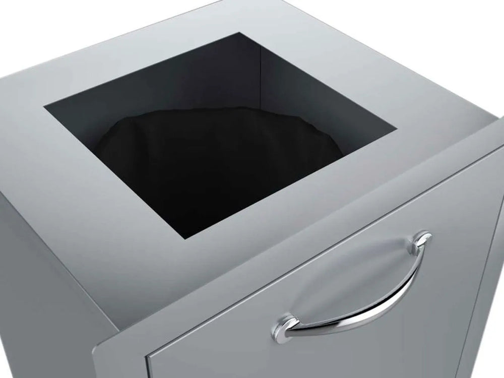 Top view of Sunstone pull-out trash drawer with square opening and black trash bag inside.