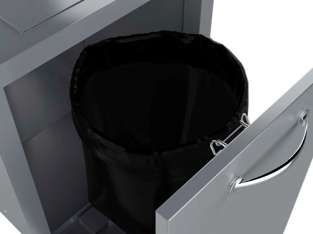 Open Sunstone A-TRHD pull-out trash drawer with installed black trash bag and retention ring.