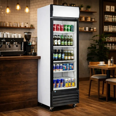 Commercial glass door drink cooler G380 by KingsBottle placed in a modern cafe with coffee equipment.