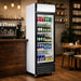 Commercial glass door drink cooler G380 by KingsBottle placed in a modern cafe with coffee equipment.