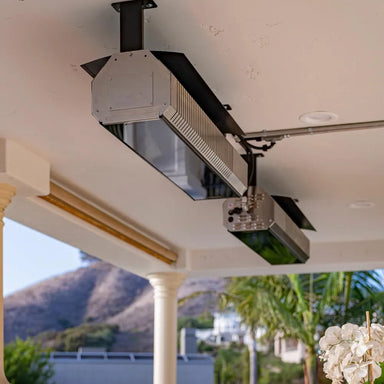 SunStar MGL0 35,000 BTU coastal patio heater shown with its protective heat shield and wall mounting arm.