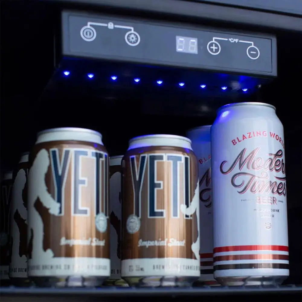 Summerset Outdoor Refrigerator digital control panel and interior with cans under blue LED light.