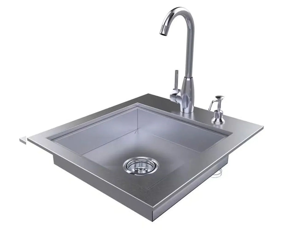 Sunstone ADASK20 ADA outdoor sink showing single basin and drain, stainless steel countertop sink with gooseneck faucet.