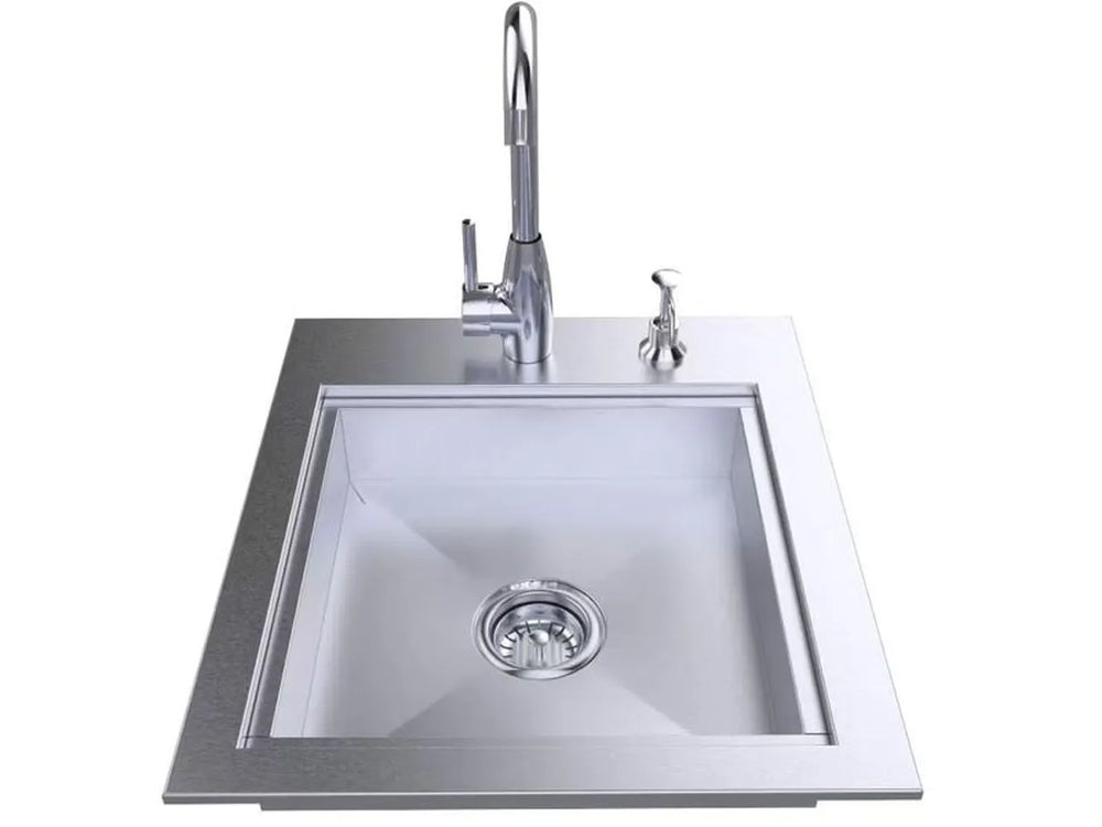 Top view of Sunstone ADASK20 ADA compliant stainless sink basin with drain and faucet, outdoor kitchen prep sink.