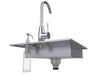 Side view of Sunstone ADASK20 outdoor sink with faucet, drain assembly and soap dispenser bottle, ADA compliant stainless sink.