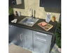 Sunstone ADASK20 ADA compliant outdoor kitchen sink installed in countertop with faucet and soap dispenser, stainless bar prep sink.