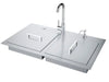 Sunstone ADASK37 ADA double outdoor sink with two stainless covers, gooseneck faucet and soap dispenser, accessible prep sink.