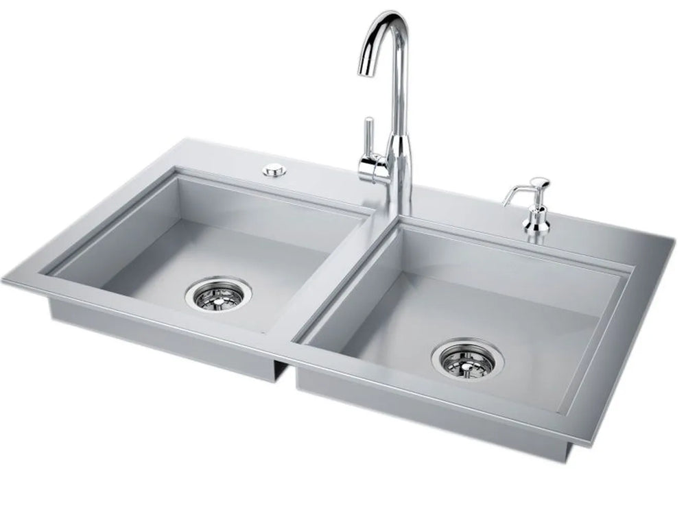 Sunstone ADASK37 ADA compliant double bowl outdoor sink with dual drains, stainless steel sink station with faucet and soap dispenser.