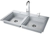 Sunstone ADASK37 ADA compliant double bowl outdoor sink with dual drains, stainless steel sink station with faucet and soap dispenser.