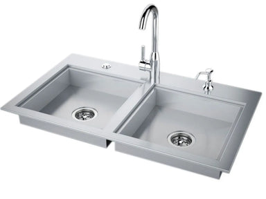 Sunstone ADASK37 ADA compliant double bowl outdoor sink with dual drains, stainless steel sink station with faucet and soap dispenser.