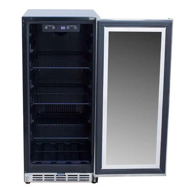 Summerset RFR-15G Glass Door Refrigerator interior view with blue LED light and bottle storage.