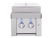 Estate Series Double Side Burner (ESTSB2) with closed stainless steel lid and blue LED-lit control knobs
