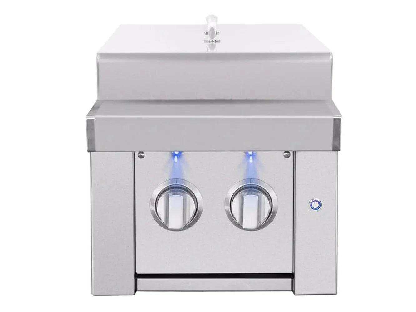Estate Series Double Side Burner (ESTSB2) with closed stainless steel lid and blue LED-lit control knobs