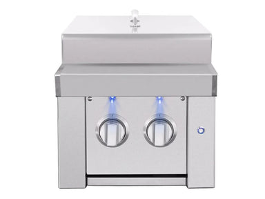 Estate Series Double Side Burner (ESTSB2) with closed stainless steel lid and blue LED-lit control knobs