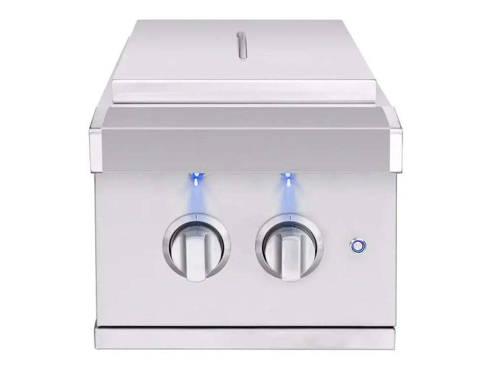 AMG 24,000 BTU double side burner with stainless steel cover/lid closed - natural gas grill accessory