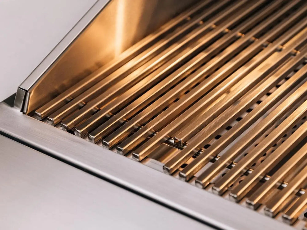 Heavy-duty stainless steel cooking grates designed for optimal heat retention on luxury outdoor gas grill.