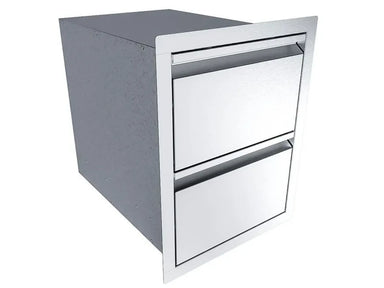 Angled view of Sunstone ARU-16PCD stainless paper towel holder and drawer combo for outdoor kitchen islands, flush-mount frame.