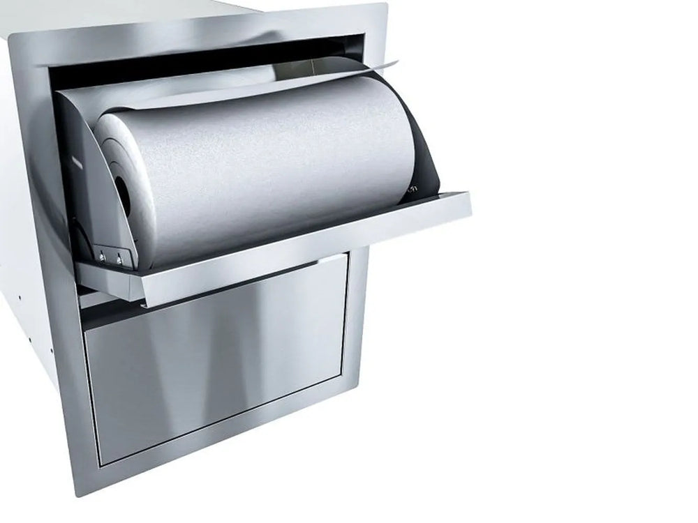Sunstone ARU-16PCD stainless paper towel holder drawer combo with roll installed in top compartment and lower drawer closed for outdoor kitchens.