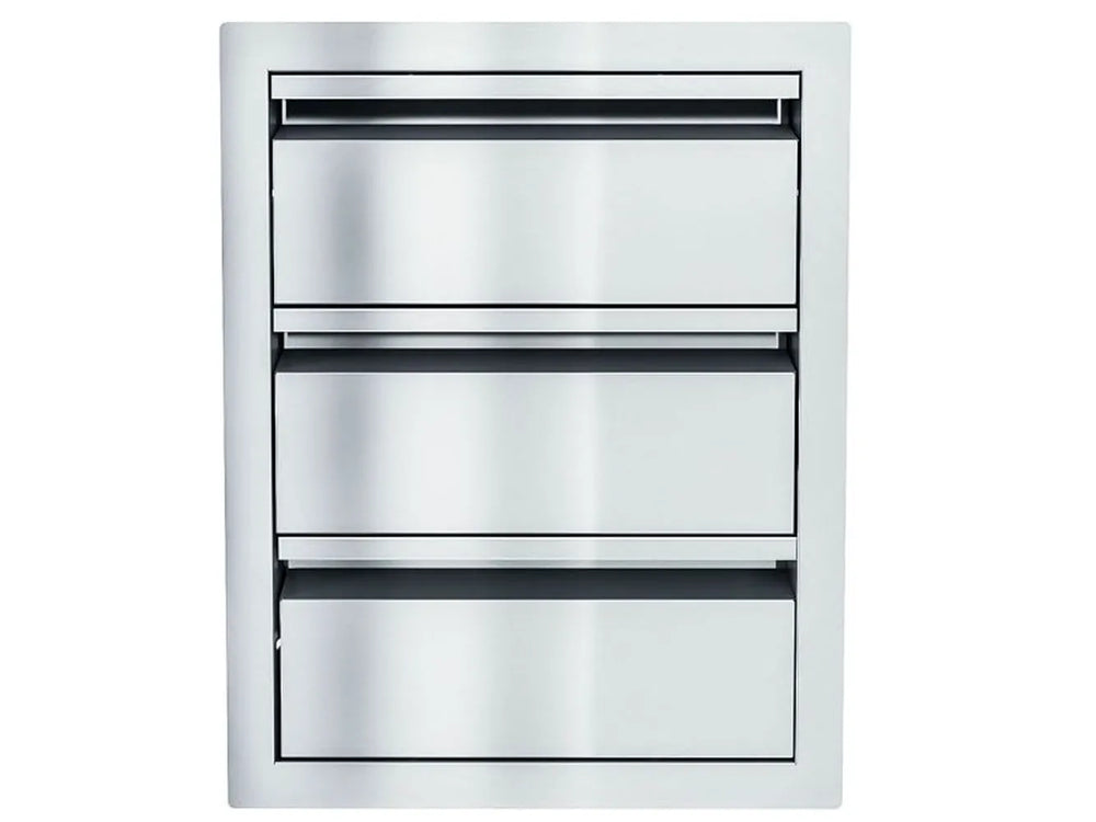 Sunstone ARU-16TD 16" stainless steel triple drawers, flush-mount outdoor kitchen storage drawers with modern handle-free design.