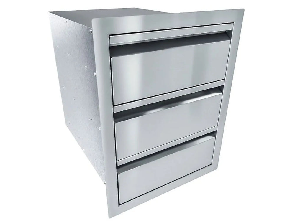 Angled view of Sunstone ARU-16TD 16-inch outdoor kitchen triple drawer unit in stainless steel, compact storage for BBQ islands.