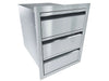 Angled view of Sunstone ARU-16TD 16-inch outdoor kitchen triple drawer unit in stainless steel, compact storage for BBQ islands.
