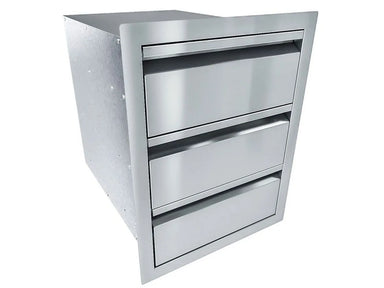 Angled view of Sunstone ARU-16TD 16-inch outdoor kitchen triple drawer unit in stainless steel, compact storage for BBQ islands.