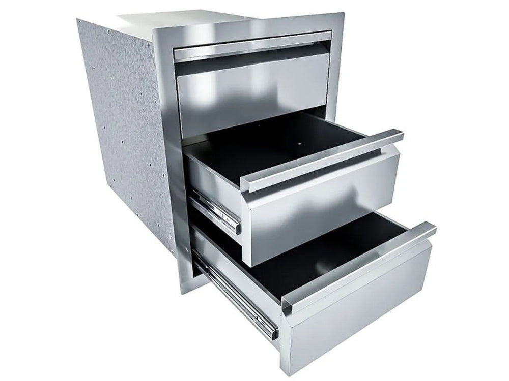 Sunstone ARU-16TD stainless triple drawers partially open, showing deep storage space and smooth-glide drawer slides for outdoor kitchens.