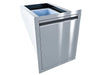 Angled view of Sunstone ARU-16TRD 16-inch stainless trash drawer for outdoor BBQ islands, flush frame and easy-access pull-out.