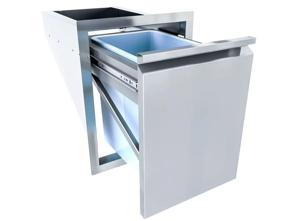 Sunstone ARU-16TRD 16" pull-out trash drawer open, showing removable bin, smooth-glide slides, and stainless outdoor kitchen cabinet frame.