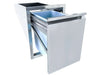 Sunstone ARU-16TRD 16" pull-out trash drawer open, showing removable bin, smooth-glide slides, and stainless outdoor kitchen cabinet frame.