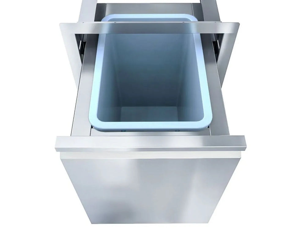 Top view of Sunstone ARU-16TRD stainless trash drawer showing removable trash bin inside pull-out frame for outdoor kitchen cleanup.