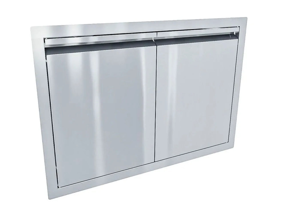 Sunstone ARU-DD30 30" stainless steel double door with integrated top vent, flush-mount outdoor kitchen access doors, clean handle-free design.