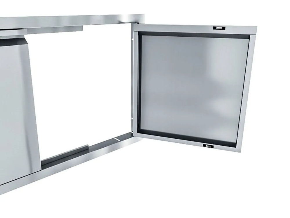 Sunstone ARU-DD30 stainless double access door open, showing hinge hardware and flush frame for outdoor kitchen island storage.