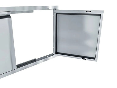Sunstone ARU-DD30 stainless double access door open, showing hinge hardware and flush frame for outdoor kitchen island storage.