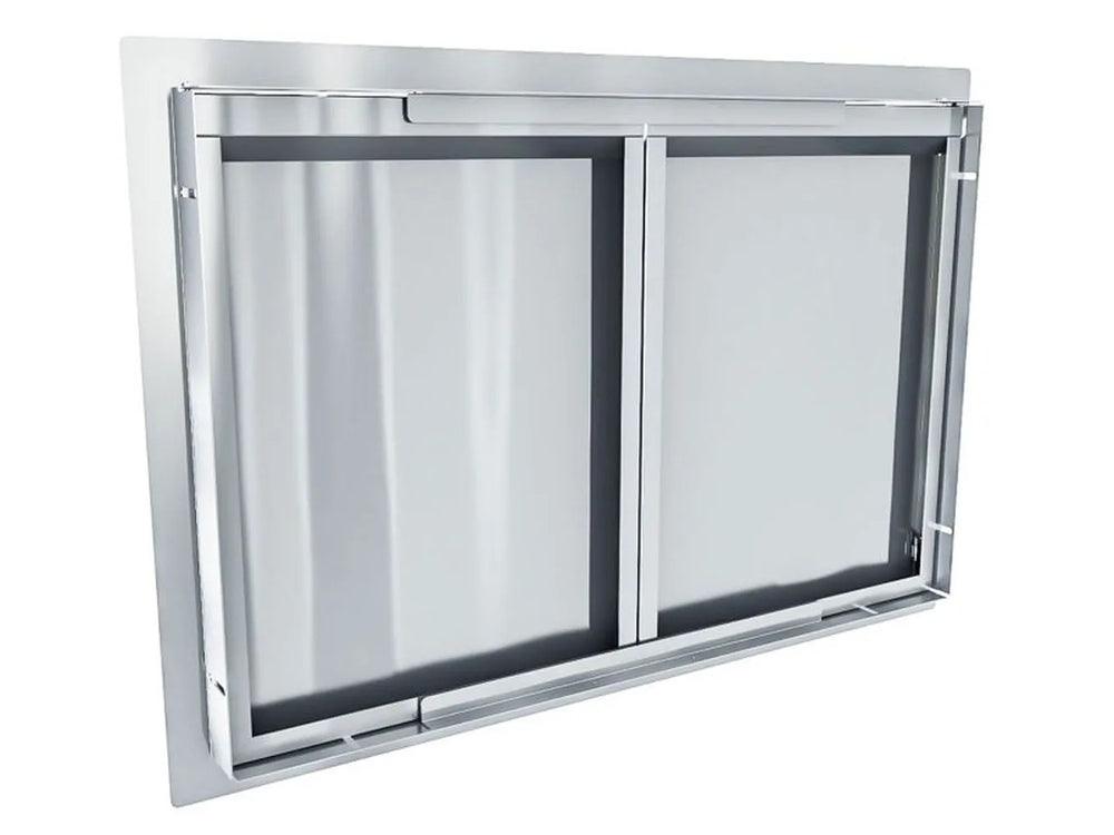Back view of Sunstone ARU-DD30 30" stainless double door showing reinforced panels and mounting frame for easy outdoor kitchen installation.