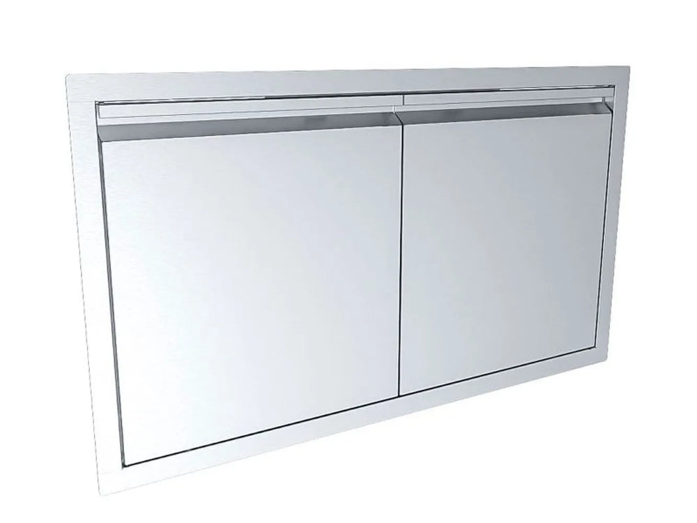 Angled view of Sunstone ARU-DD36 36-inch stainless double door, vented top design for outdoor BBQ island storage access.
