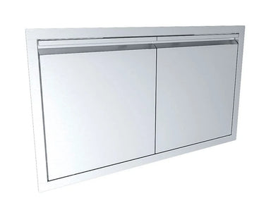 Angled view of Sunstone ARU-DD36 36-inch stainless double door, vented top design for outdoor BBQ island storage access.