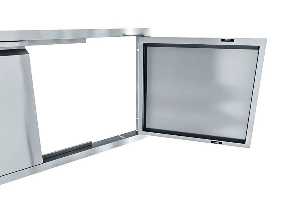 Sunstone ARU-DD36 stainless double access doors open, showing hinge hardware and flush frame for outdoor kitchen island installation.