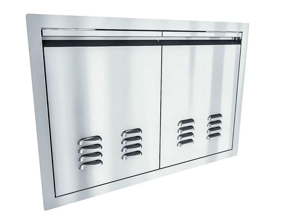 Angled view of Sunstone ARU-DDV30 30-inch vented stainless double door for outdoor BBQ island storage and airflow.