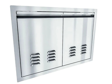 Angled view of Sunstone ARU-DDV30 30-inch vented stainless double door for outdoor BBQ island storage and airflow.